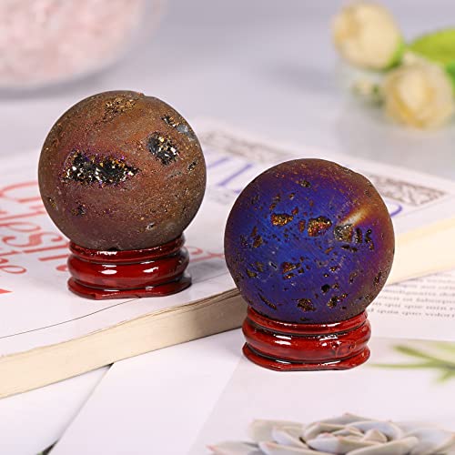 Angel Aura Quartz Druzy Geode Sphere with Wooden Base,Titanium Coated Crystal Quartz Agate Ball Healing Sculpture Statue for Easter Day, Gold-Purple