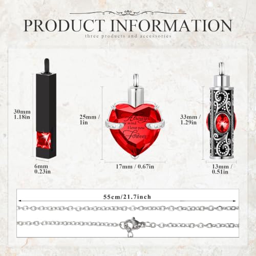 MTLEE 3 Pieces Cremation Urn Necklace for Ashes Vertical Bar Zircon, Heart Crystal Necklace Urn Stainless Steel Waterproof Memorial Pendant Red Zircon