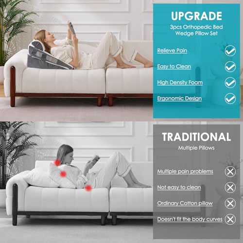 3Pcs Wedge Pillow Set for After Surgery,Acid Reflux Relief, Adjustable Bed Wedge Pillows for Sleeping,Anti Snore, Memory Foam Triangle Pillow for Back&Neck&Shoulder Pain Relief, White&Grey White/Grey 12 IN+1 Head pillow