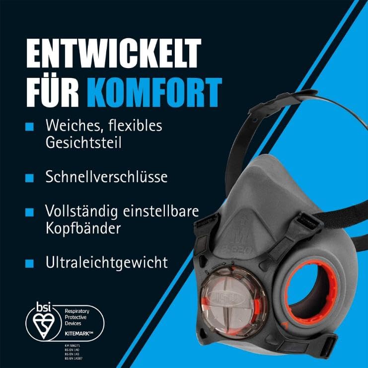 JSP Force™8 Half Mask Respirator, PressToCheck™ P3 RD Filters with Daily Face-Fit Check Technology | Protection against fine dust, quartz dust, wood dust, glyphosate, mold, aerosols, DIY and industry, EN140, EN143 certified Dust protection (P3)