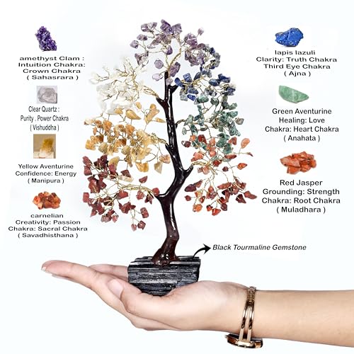 CREATIVE LEATHER ART 7 Chakra Crystal Tree with Raw Black Tourmaline Base - Gemstone Bonsai Money Tree for Good Luck & Protection