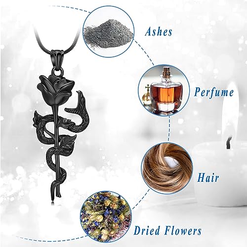 Snake Rose Urn Necklace for Ashes Roseflower Cremation Jewelry for Ashes Pendant for Women Men Memorial Keepsake Jewelry Black