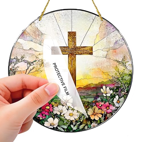 Stained Acrylic Suncatcher, Cross-Shaped Wooden Frame 7.8*7.8 IN