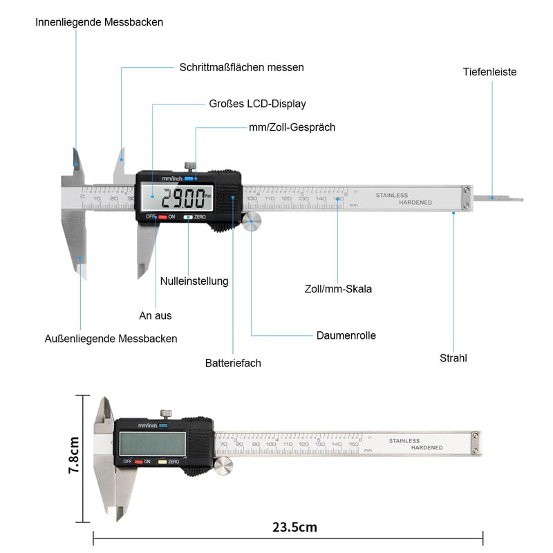 Qfun Digital Calliper Stainless Steel Calliper Measuring Tools 150 mm Accuracy 0.01 mm Splashproof Dustproof Digital Calliper with LCD Display for Household and Industry Measuring Gauge IP54-Black