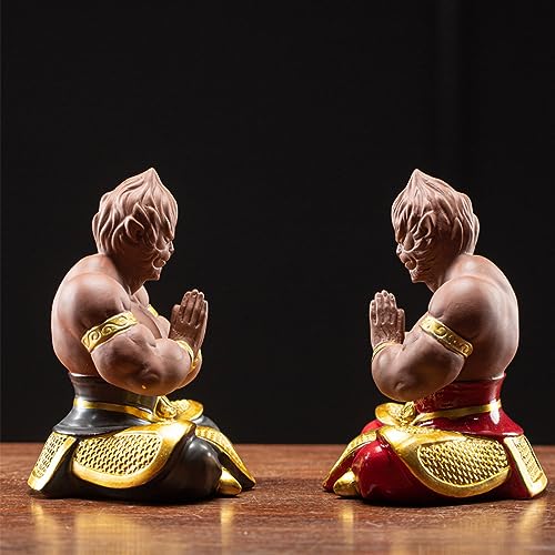 Sun Wukong Statue, Ceramic Monkey King Buddha Monk Figurine, 5.5" H Red