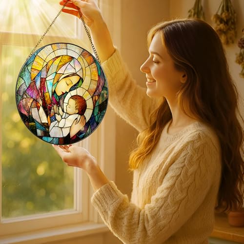 Baby Jesus and The Holy Mother Mary Sun Catcher, 8 Inch Stained Glass Window Hanging, Stained Glass Decor, Christian Home Decor, Christian Gifts for Women, Religious Gifts for Women Virgin Mary