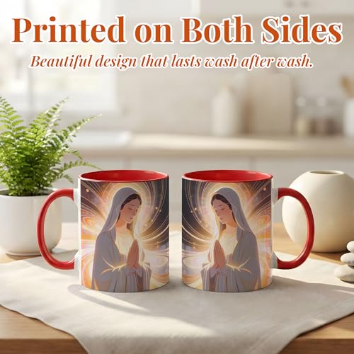 Virgin Mary Ceramic Mug, Glowing Light Abstract Coffee Mug with Praying Blessed Mother Illustration Design, Christian Faith Spiritual Drinkware for Prayer Reflection Home Kitchen Daily Use Red