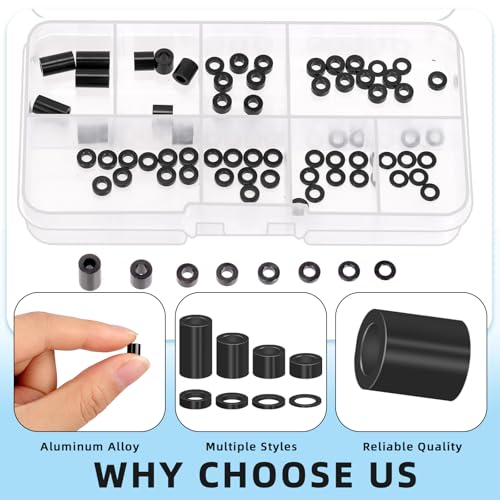 Glarks 65pcs 3.1mm ID x 6mm OD x 0.5-10mm L Aluminum Spacers, Black 8 Sizes Metal Spacer, Aluminum Round Plain Finish Spacer Screw Standoff for Drone FPV Quadcopter Racing RC Multirotors Parts DIY
