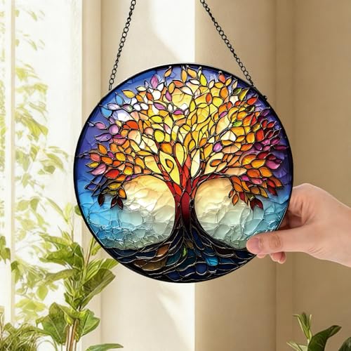 Stained Glass Tree of Life Suncatcher, 7.9" Real Glass