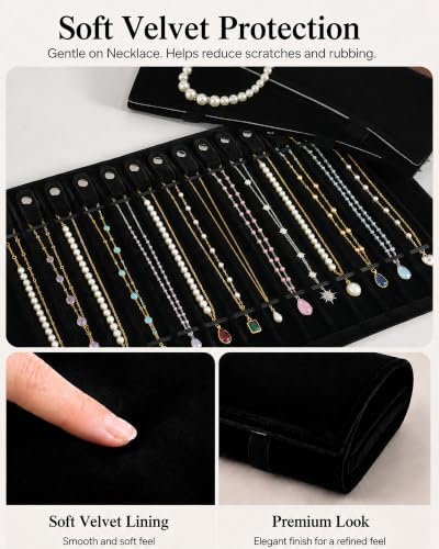 Black SCIKHEFT travel necklace organizer with 16 slots, tangle-free jewelry roll for safe storage of necklaces and jewelry on trips.
