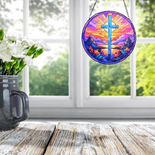 HOTIYOK Stained Glass Cross Round Mountain Sunset Design Glass Window Hanging for Kitchen Indoor Decorations Gifts for Women Grandma Teacher Nature Lovers