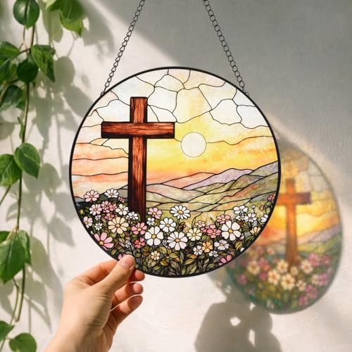 8 Inch Stained Glass Cross Sunset for Windows Hanging, Stained Glass Gift, Christian Gifts, Religious Gifts, Christian Cross, Window Decor, Religious Faith Gift for Easter, Mother's Day, Christmas Cross & Sun