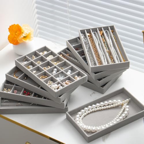 SPAKOWN Jewelry Drawer Organizer Inserts Trays for Drawers Set of 9, Grey
