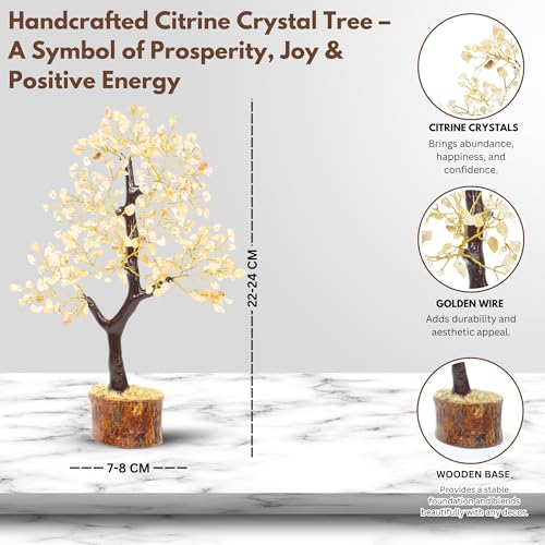 Citrine Crystal Tree of Life, Healing Gemstone Money Tree for Good Luck, Prosperity & Positive Energy, Handmade Feng Shui Bonsai Decor for Home Office, Spiritual Gifts for Women & Men Citrine - Yellow (Golden Wire)