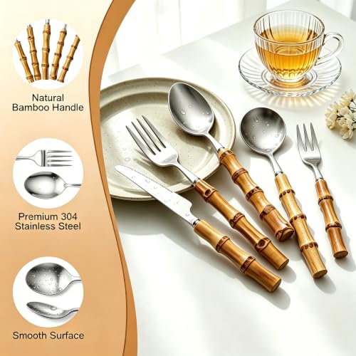 20-Piece Bamboo Handle Silverware Set for 4, 18/8 Stainless Steel Flatware Includes Knives, Forks and Spoons, Rust-Resistant Reusable Cutlery for Kitchen, Dining and Camping