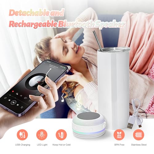 AGH 2 Pack Music Speaker & Tumbler with Straw, Lid & LED, 20oz Stainless Steel, DIY Gifts (White) White-2P