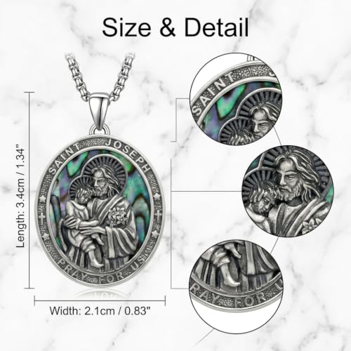 DAYLINLOVE Saint Joseph Necklace 925 Sterling Silver St Joseph Abalone Shell Pendant Necklace Christian Religious Catholic Jewellery Gift for Women Men