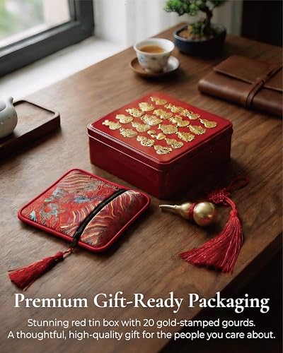 Mini Feng Shui Wu Lou Car Mirror Hanging Accessory, Authentic Chinese Hulu Good Luck Charm with Secret Wish Compartment, Zen Spiritual Decor Gift Set，Brushed Brass Smooth