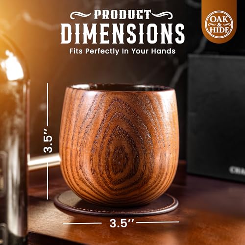 Oak & Hide Charred Oak Whiskey Glasses Wooden Set of 2 with 2 Premium Leather Coasters – Perfect Birthday, Anniversary, Bachelor, or Father’s Day Gift for Men