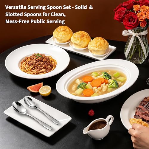 Silvery Serving Spoons Set, 2 Pieces Stainless Steel Slotted & Solid Serving Spoons, Mirror Polished Silvery Plated Serving Utensils for Buffet, Catering, Party, Wedding, Dishwasher Safe