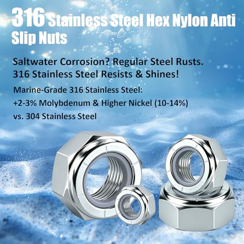 HOTUFELG 316 stainless steel nylon insert lock nuts assortment kit in four sizes, 50 pieces