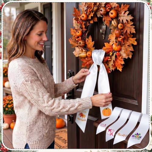 VitalCozy 12-piece seasonal fall wreath sash set for front door, colorful decorative wreath storage solution.