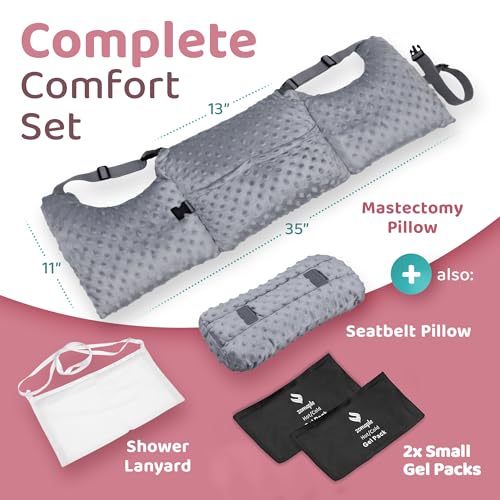 Zomaple Mastectomy Recovery Pillow + Strap, 2 Gel Pack, Seat Belt Cover & Shower Lanyard – Post-Op Essentials, Breast Augmentation/Reduction & Mastectomy Recovery Supplies – Washable Cover for Comfort Grey Regular Gelpacks