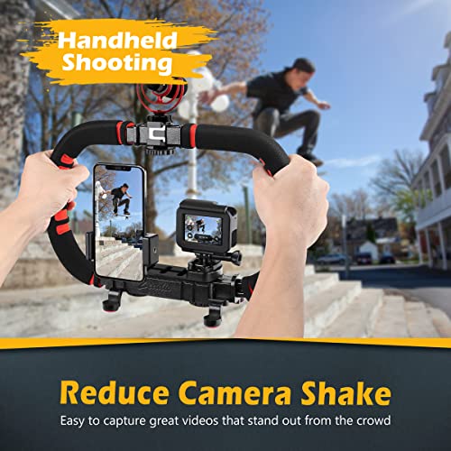 Zeadio Handheld Camera Stabilizer, U-Shaped Video Rig Handle Grip with 3 Cold Shoe Mounts & 1/4'' Screw, Compatible with DSLR Camcorder Action Camera Smartphone etc