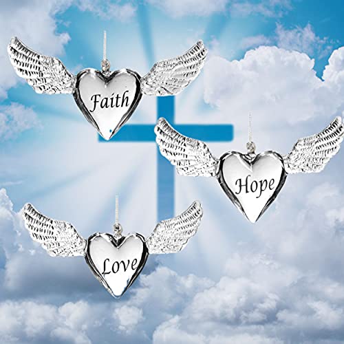 Faith Hope Love Angel Wings Ornaments Set of 3 – Heart Shaped Inspirational Hanging Décor – Christmas Tree Ornaments or Year-Round Memorial & Spiritual Home Decor – 4 Inch Keepsake Gifts