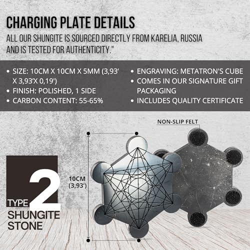 Shungite Charging Plate Metatron - Polished Finish - Engraving of the Sacral Symbol Cube of Metatron - Charging Plate for Crystals Plant and Drinking - Each one has a Certificate of Authenticity