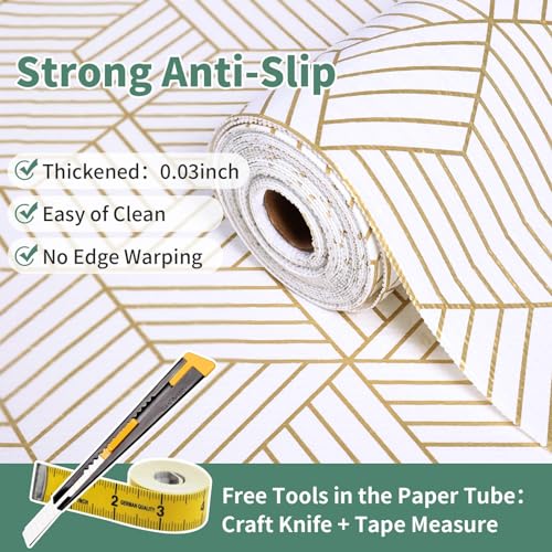 Shelf Liners for Kitchen Cabinets 12in x 30FT, Non Adhesive Cabinet Liner Strong Non-Slip Thickened Gold Geometric Drawer Liner, Easy to Clean for Shelf, Cabinet with Knife and Tape Measure Gold Geometry 12"W x 354.3"L