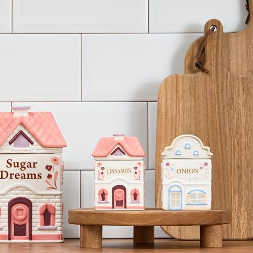 Bico Spice Cottages 7.5-Inch Pink Ceramic Cookie Jar, Hand-Painted House-Shaped Airtight Container for Cookies, Treats & Snacks