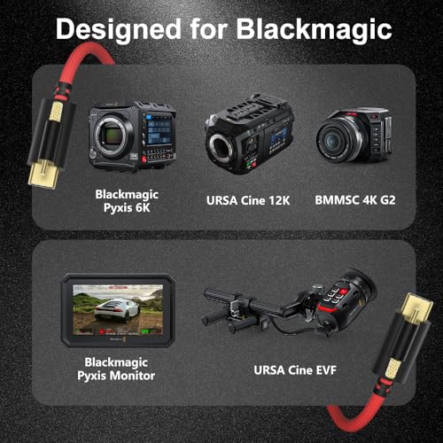 Alvin's Cables Ultra-Flexible Locking USB-C to USB-C Power Cable for Blackmagic Pyxis Monitor, URSA Cine EVF, USB-C 3.2 10Gbps Data Transfer Cable for Blackmagic Pyxis 6K or URSA Cine 12K, 3.3ft Red straight to straight