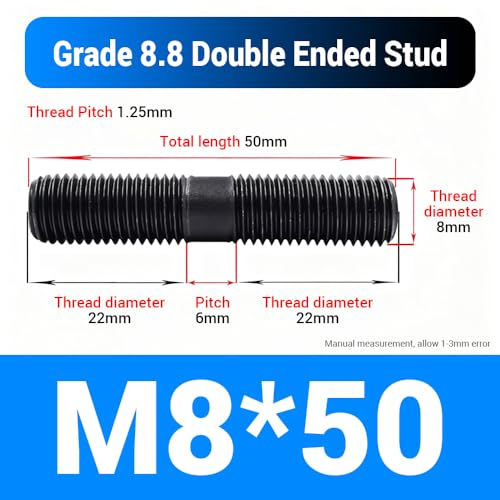 MOUMOUTEN M8 x 50mm double-end threaded studs, Grade 8.8 carbon steel, 60-piece set