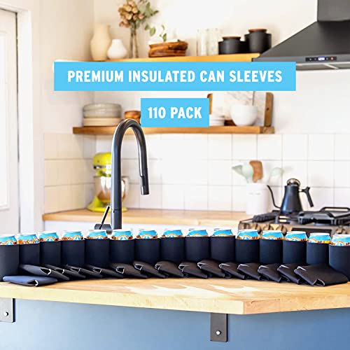 Blank Beer Can Cooler Sleeves (110-Pack) Soft Insulated Beer Can Coolies - HTV Friendly Blank Koolies in Bulk for Beer Cans & Bottles - Black Coolie Blanks for Vinyl Projects & Wedding Favors (Black) 110 Pack