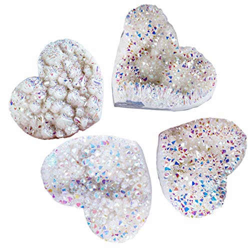 Rockcloud Titanium Coated Crystal Quartz Heart Shape Cluster Druzy Geode White