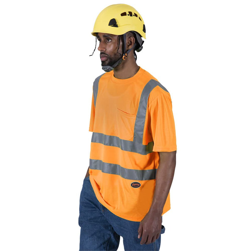 Pioneer Hi Vis Safety T Shirt for Men - Short Sleeve with Pocket- Reflective Tape for ANSI Class 2 Work - High-Visibility T-Shirt – Dry Wick, Lightweight Tee – Orange or Yellow/Green XX-Large