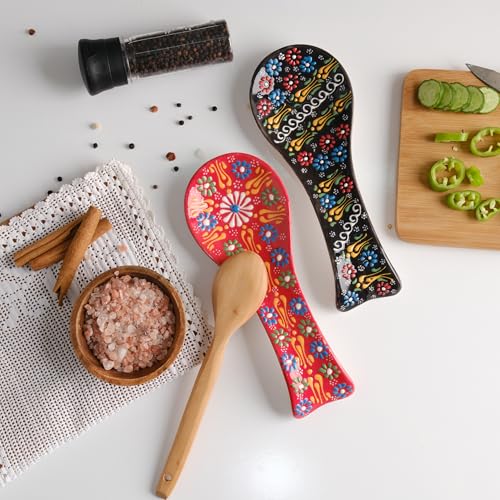 2 pcs Handmade Ceramic Spoon Rest for Kitchen Counter and Stove Top – Large Cooking Utensil Rest, Decorative Spoon Holder for Countertop (Orange-NavyBlue) Orange-NavyBlue