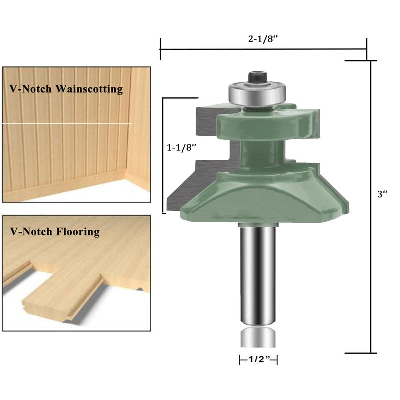 OLETBE Tongue and Groove Flooring Router Bit Set 1/2-Inch Shank 2 PCS, Wood V-Notch Wainscotting and Flooring Matched Cabinet Shelf Door Woodworking Router Bits Set with Edge Banding(2)