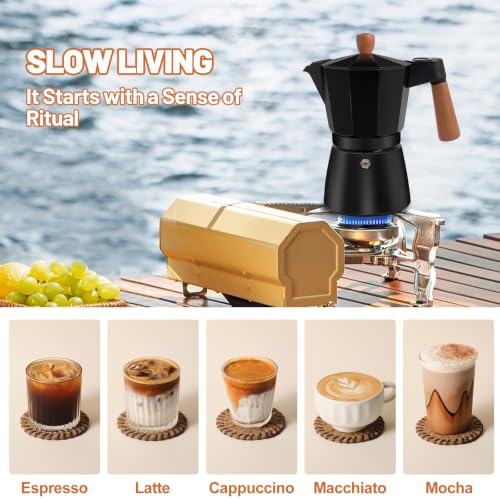 Black 12-cup aluminum stovetop espresso moka pot with solid wood handle by DITOSH, designed for rich, aromatic coffee brewing.