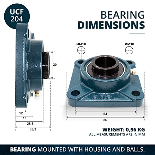 DOJA Barcelona | 2Pcs Bearings with UCF 204 Support | UC204 Ball Bearing for Ø 20mm Shaft | F204 Support | Steel Ball Bearings | Bearings and Bushings: Industrial and General Uses PACK 2