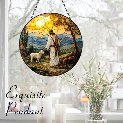 Stained Glass Jesus Suncatcher - 7.9" Real Glass Good Shepherd & Lamb Mountain Window Hanging, Weatherproof Christian Religious Decor, Sympathy Easter Memorial Gift for Mom Women Ivory