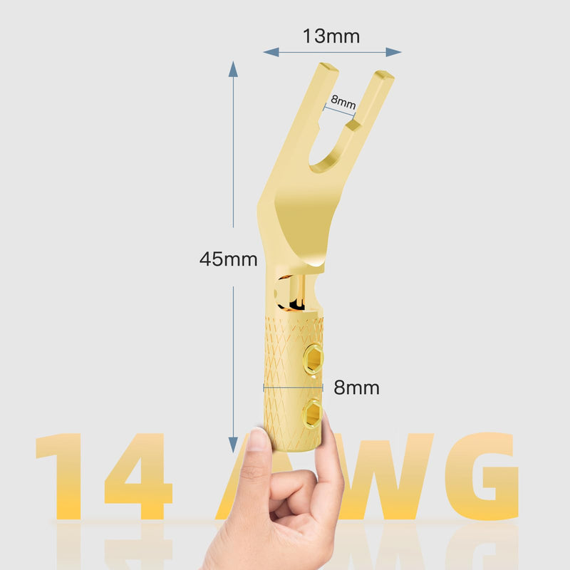 Monosaudio Spade Plug Connectors, Pure Copper 45 Degree Screw Locking Y Spade Plug Connector, 8pcs Speaker Wire Spade Terminal with Heat Shrink Tubes for 6-15Awg DIY Speaker Cable, Gold Plated