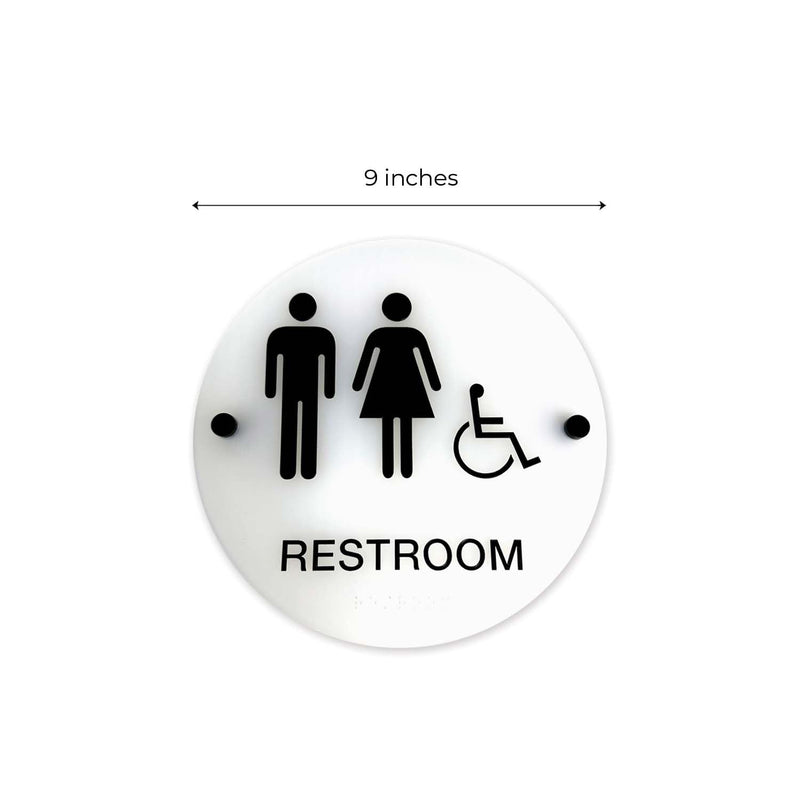 Frosted Designer ADA Unisex Restroom Sign / 9" Round Gender Neutral Bathroom Sign With Braille And Handicap Symbol/Chic Translucent Sign With Stand Off Mounts/Made In The USA Frosted 9” Sign