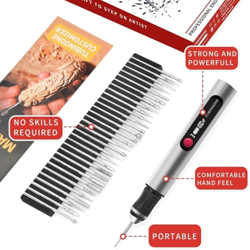 Engraving Pen, Ultimate Cordless Portable Engraver for Artists and DIY Enthusiasts – Engrave Over 50 Surfaces – Beginner Friendly – Rechargeable – Includes 30 Bits & Silver
