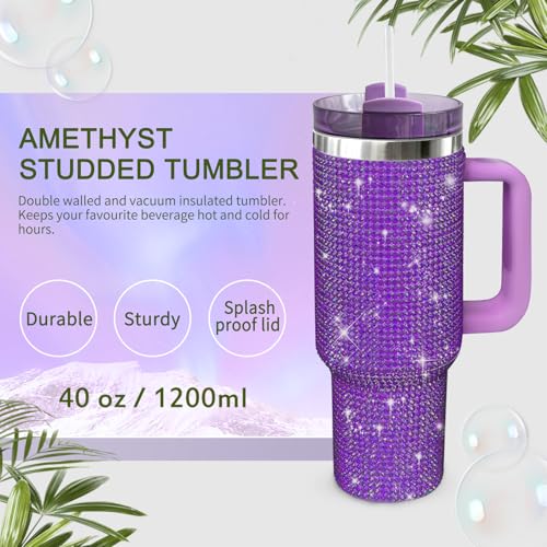 40oz Tumbler with Handle and Straw, Glitter Rhinestones Tumbler Bling Cups Amethyst
