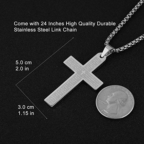 HZMAN Stainless Steel Cross Necklace for Men Women Inspiring Lord's Prayer Cross Pendant Jewelry Gift Silver