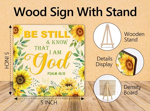 Christian Wood Sign, Be Still And Know That I Am God Bible Verse Gifts For Women, Sunflower Religious Wooden Plaque Desk Decor With Stand, Inspirational Christmas Gifts For Family Friends -10