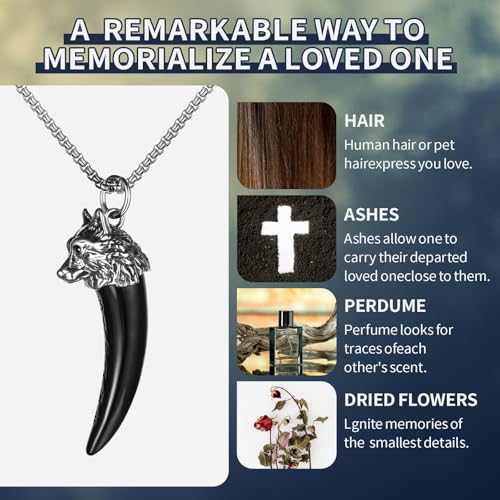 OIDEA Wolf Tooth Urn Necklaces for Ashes: Viking Wolf Cremation Jewelry for Ashes Stainless Steel Ash Necklace for Human Ashes Memorial Keepsake Jewelry Gifts a.black-urn