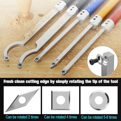 SPEEDWOX 12 Pieces Tungsten Carbide Cutters Inserts Set for Wood Lathe Turning Tools Include 11mm Square with Radius,12mm and 8.9mm Round,31mm 10mm Diamond with Sharp Point, 12 Pieces Screws